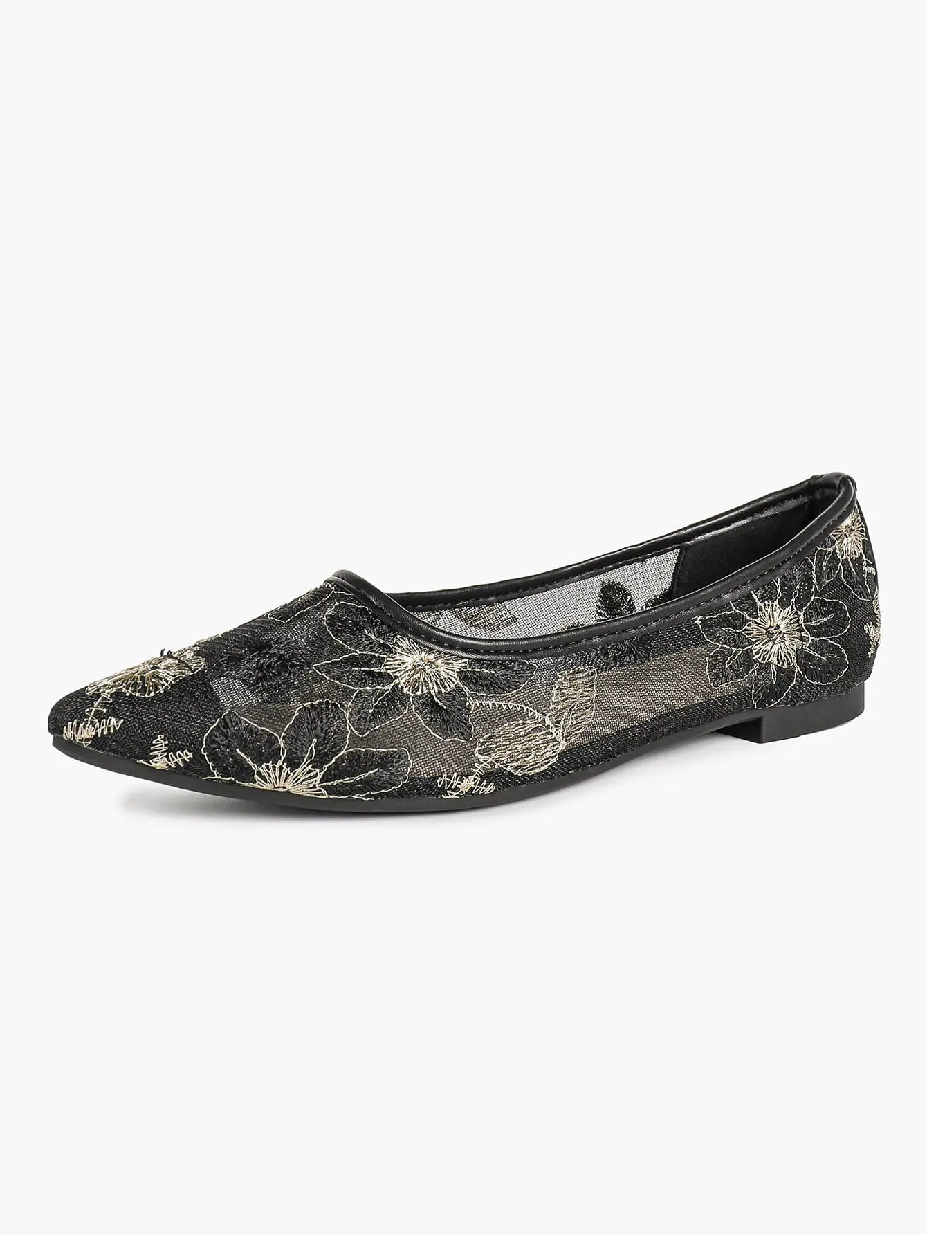 White & Gold Chrysanthemum Embroidery Mesh Pointed Toe Flats – Women's Metallic Floral Ballet Flat YISHIFAN
