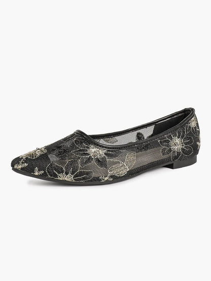 White & Gold Chrysanthemum Embroidery Mesh Pointed Toe Flats – Women's Metallic Floral Ballet Flat YISHIFAN