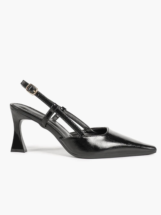 Black Pointed Toe Slingback Pumps 7.5CM Sculptural Heel Adjustable Ankle Strap Dress Shoes YISHIFAN