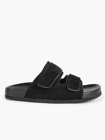 Black Suede-Effect Double-Strap Velcro Slide Sandals with Cushioned Sole