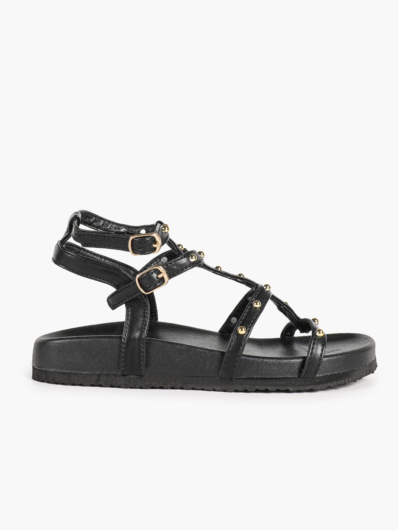 Black Multi-Strap Studded Sandals with Adjustable Ankle Buckles