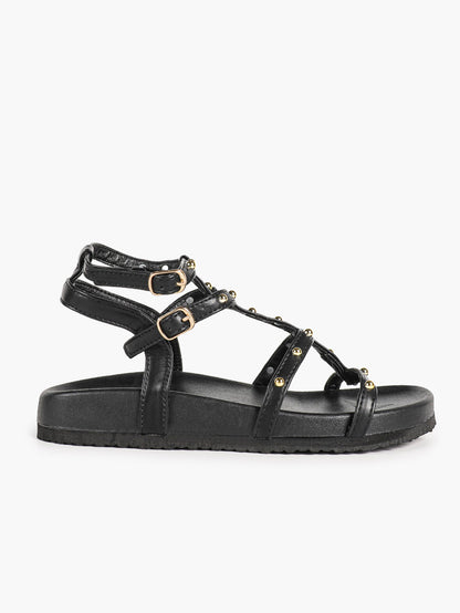 Black Multi-Strap Studded Sandals with Adjustable Ankle Buckles