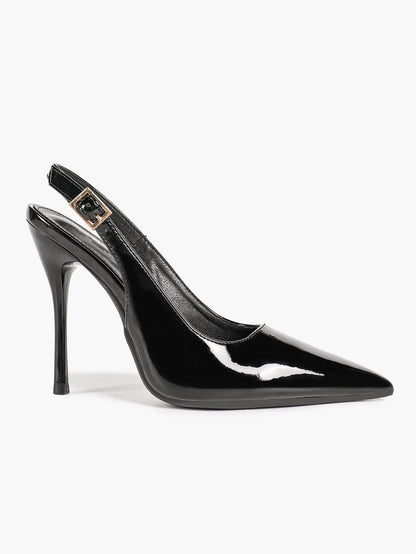 Patent Leather Pointed-Toe Slingback Heels with Gold Buckle YISHIFAN