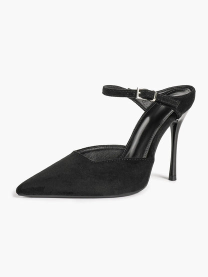 Women's Suede Pointed Toe D'Orsay Pumps Ankle Strap Stiletto High Heels with Buckle YISHIFAN