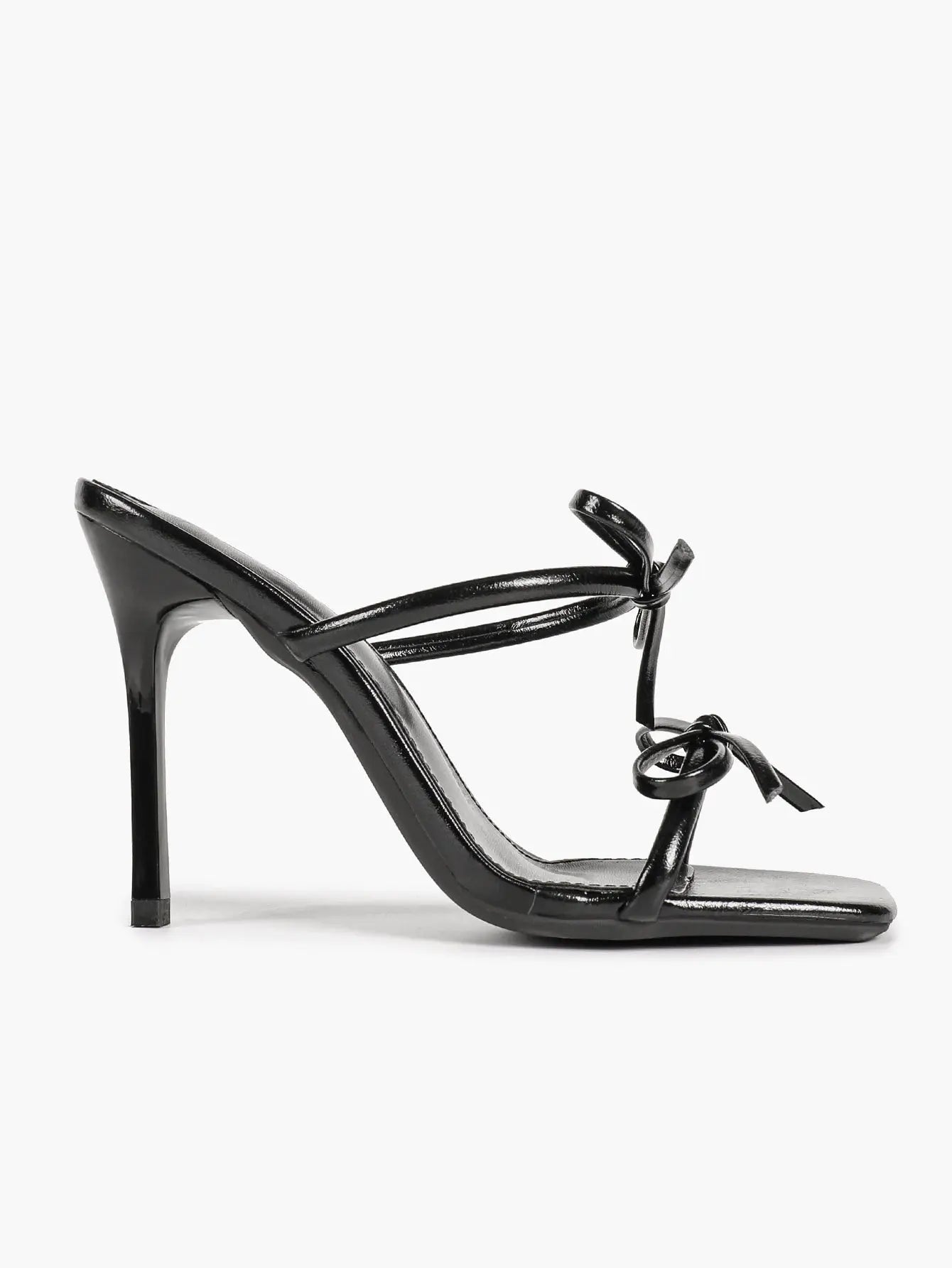 "Noir Bow" Patent Leather Bow-Detail Strappy Mule Stilettos – 10.5cm Square-Toe High Heels YISHIFAN