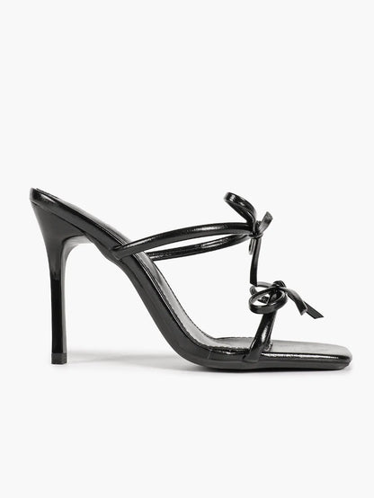 "Noir Bow" Patent Leather Bow-Detail Strappy Mule Stilettos – 10.5cm Square-Toe High Heels YISHIFAN