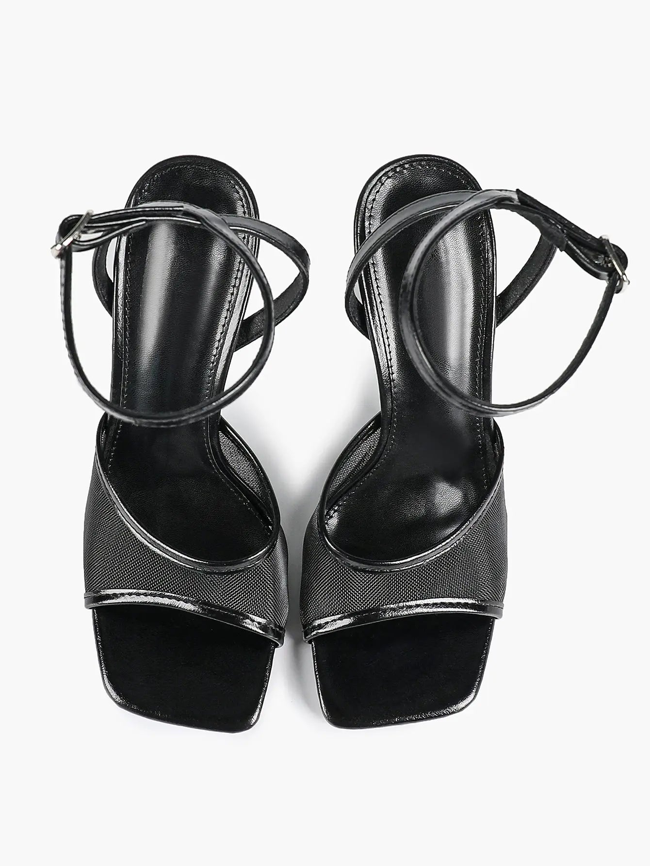Women's Leather Mesh Ankle Strap Sandals Stiletto Heels Square Toe with 4.13 Inch Heel YISHIFAN