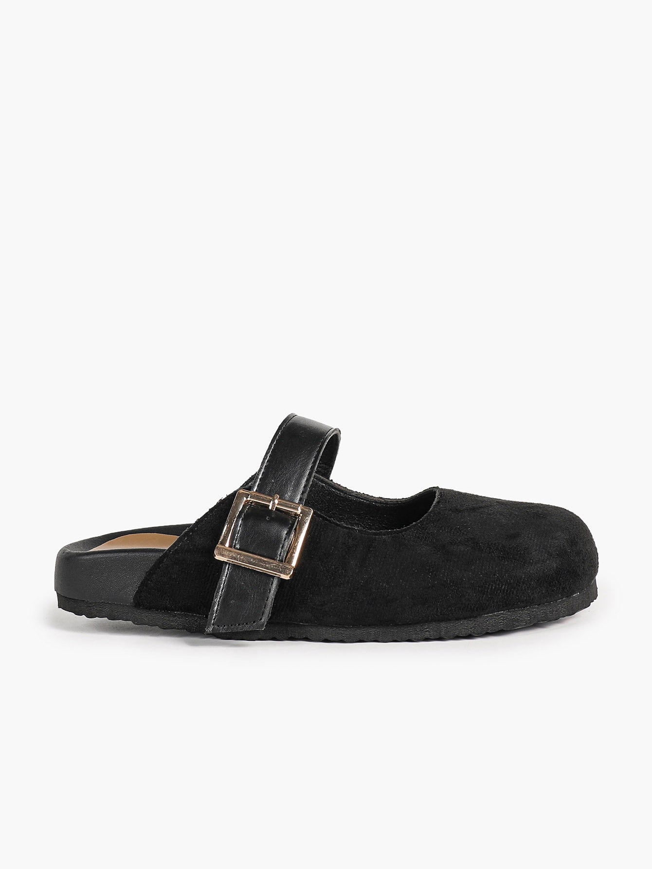 Black Suede Buckled Strap Slip-On Mules with Gold-Tone Hardware