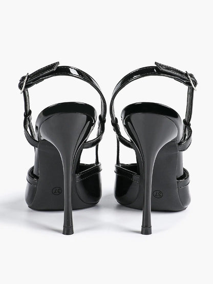 Women's Black Leather High-Heel Sandals Pointed Toe Stiletto Heels Office with for Wedding Party YISHIFAN