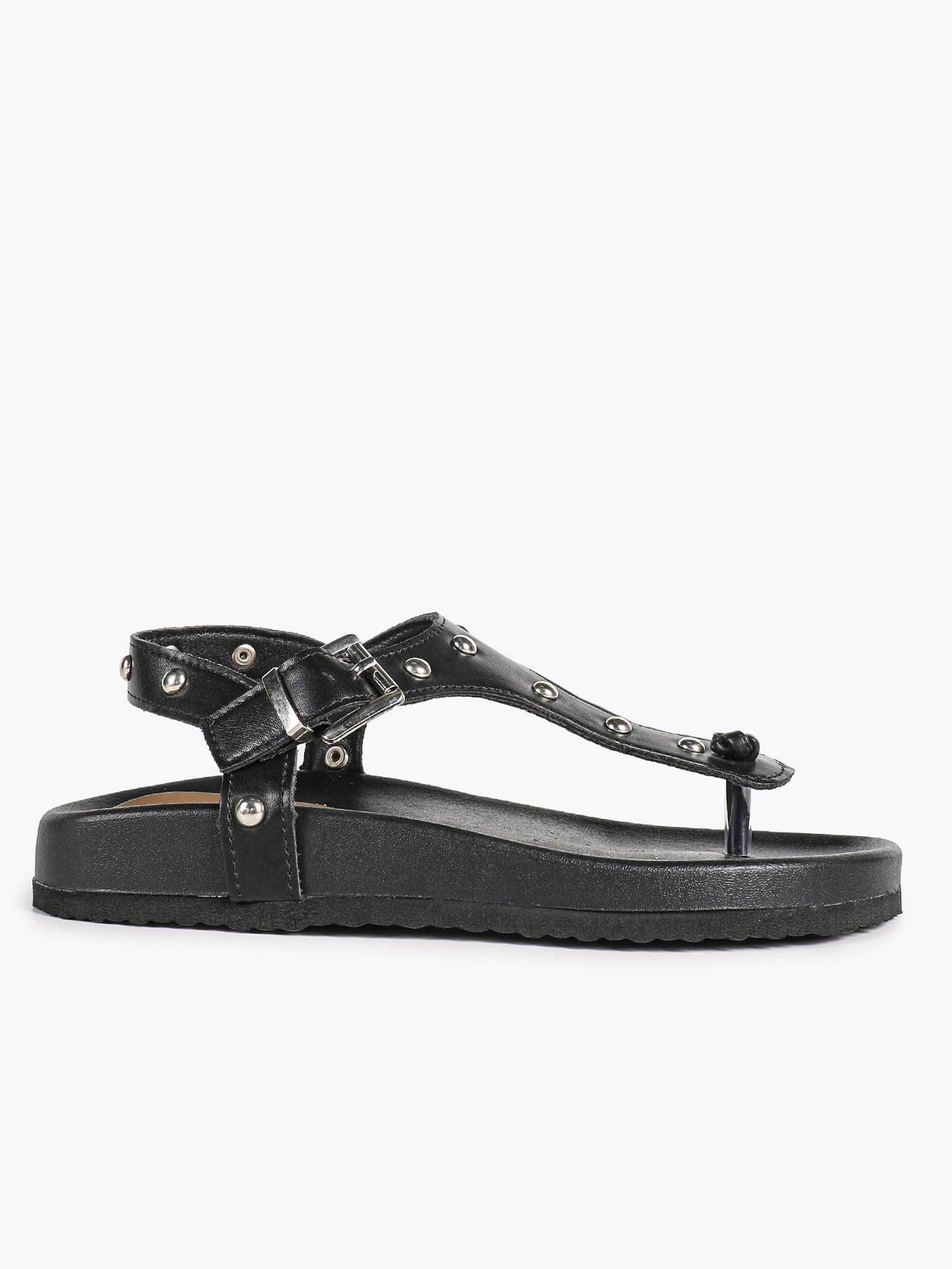Black Studded T-Strap Thong Sandals with Chunky Platform Sole