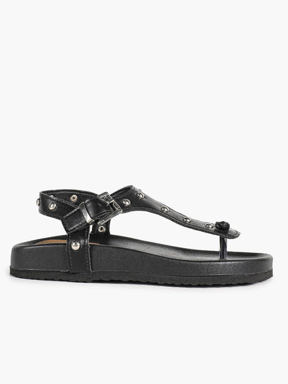 Black Studded T-Strap Thong Sandals with Chunky Platform Sole