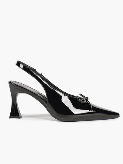 Women's Bow Slingback Pumps Patent Leather Pointed Toe Chunky High Heels Dress Shoes YISHIFAN