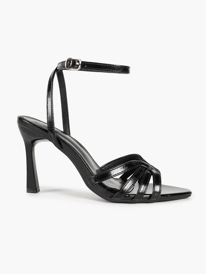 Women's Black Patent Knotted Strap Ankle Strap Block Heels Open Toe Dress Shoes
