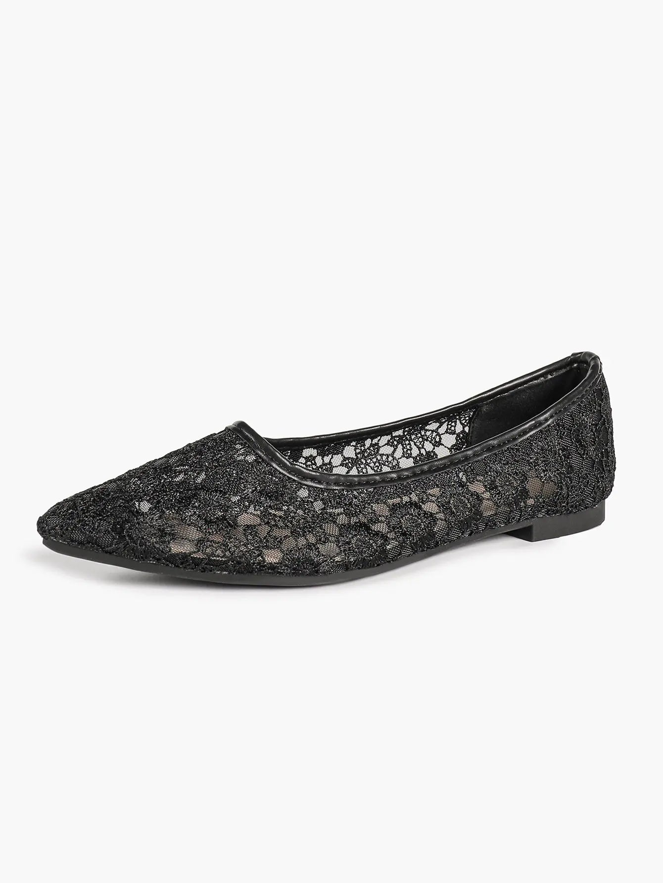 White Daisy Lace Sheer Mesh Pointed Toe Flats – Women's See-Through Bridal Ballet Flat with Caramel Footbed YISHIFAN