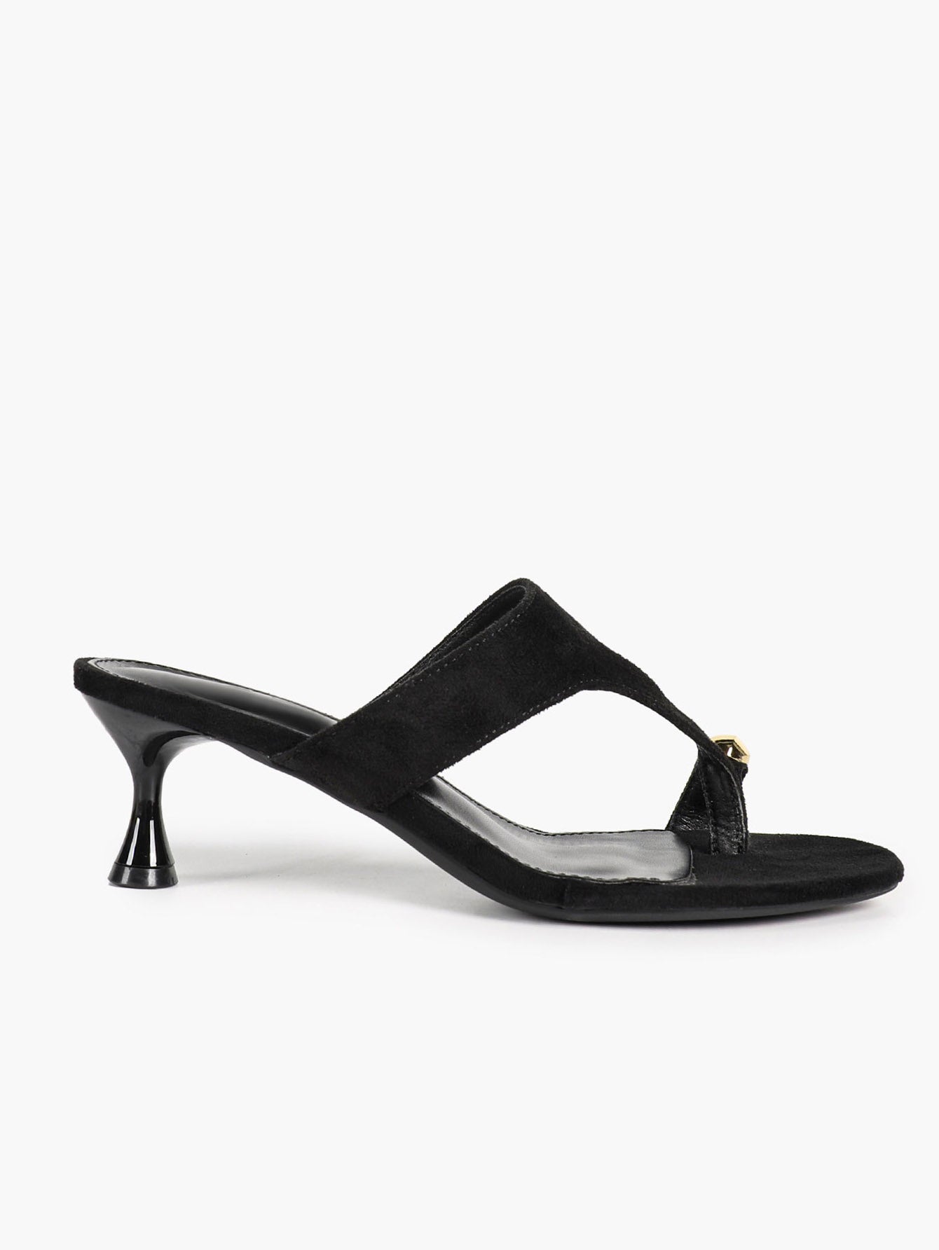 Black Suede Toe Post Heeled Sandals Wide Band Backless Mules with Gold Hardware Vacation