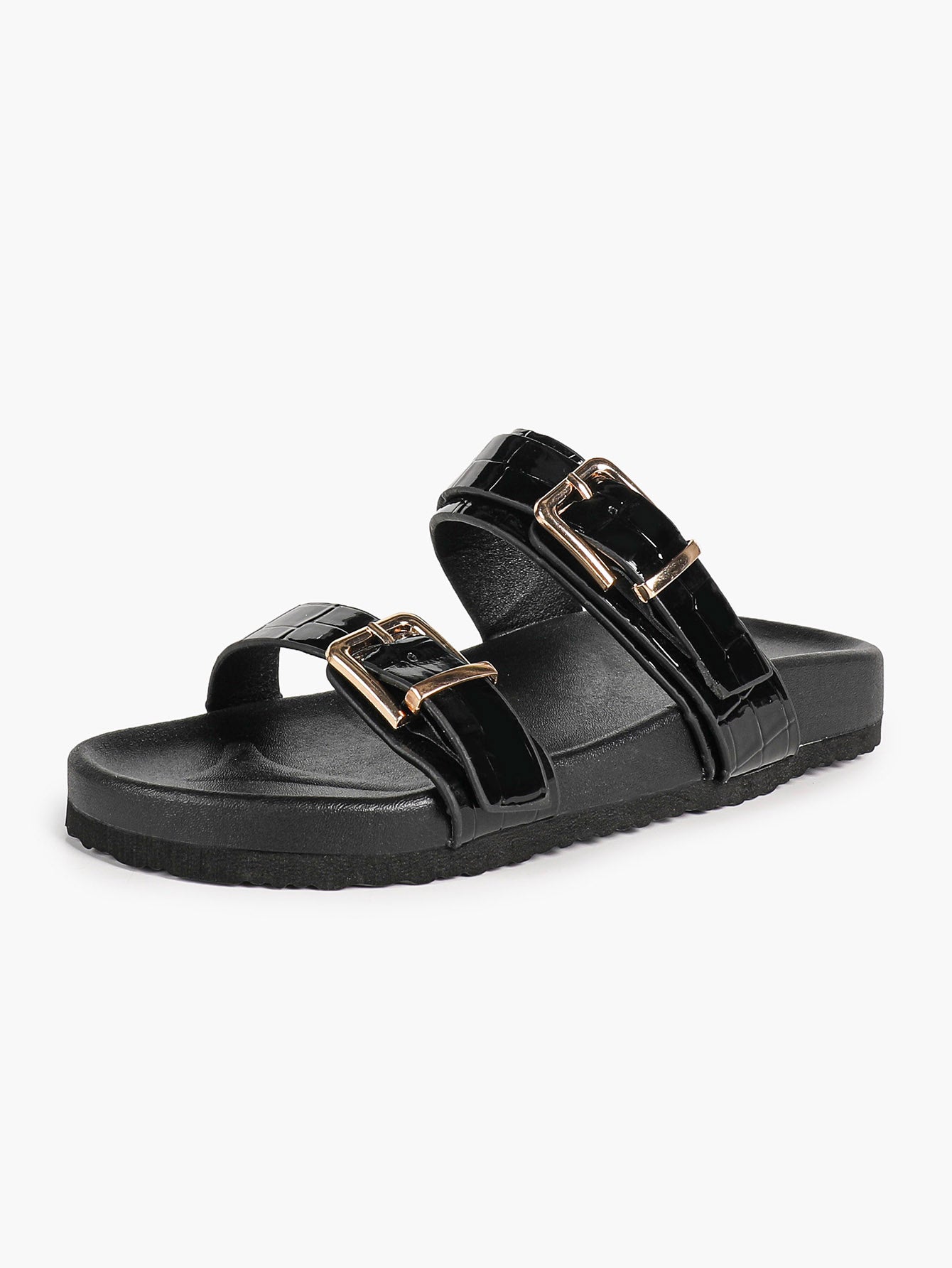White Double-Buckle Platform Slide Sandals with Gold-Tone Hardware
