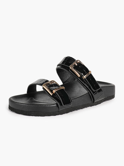 White Double-Buckle Platform Slide Sandals with Gold-Tone Hardware