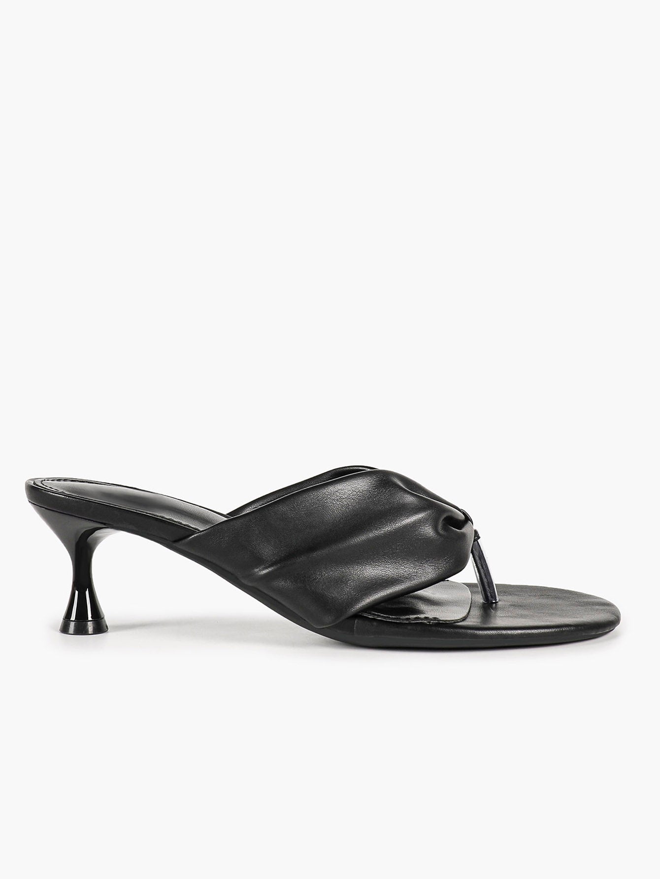 Black Ruched Leather Thong Mules Gathered Knot Kitten Heels Slip-On Office Casual Shoes