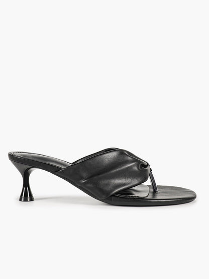 Black Ruched Leather Thong Mules Gathered Knot Kitten Heels Slip-On Office Casual Shoes
