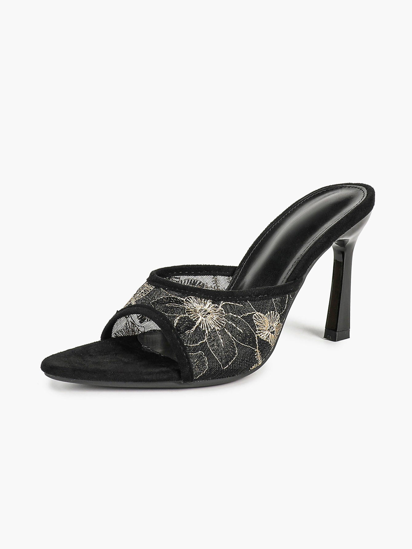 Beige Glitter Mesh Floral Embroidery Stiletto Mules Open Toe Slip-On Evening Party Club Shoes