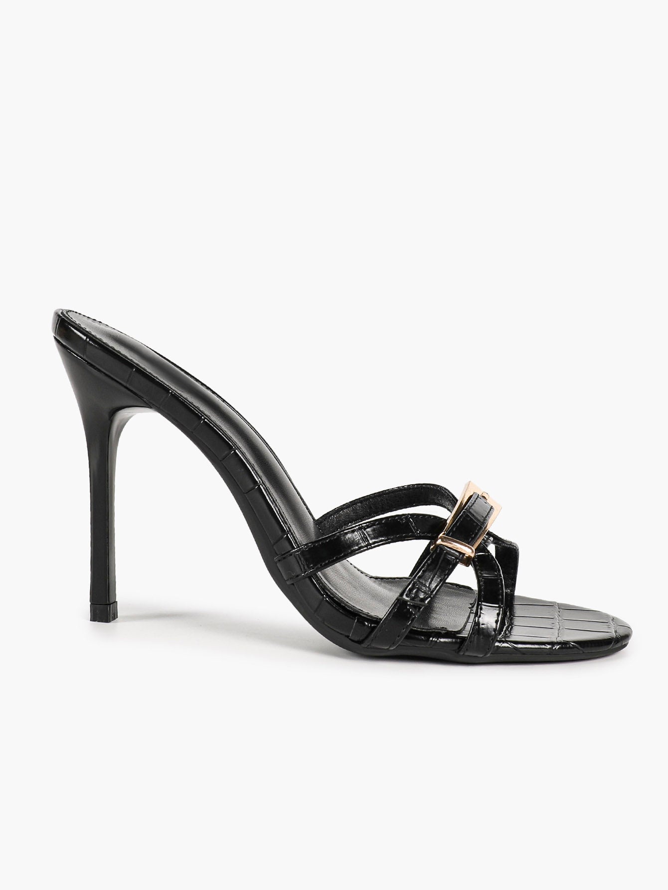 Black Croc Embossed Statement Buckle Stiletto Mules Slip-On Open Toe Party Shoes