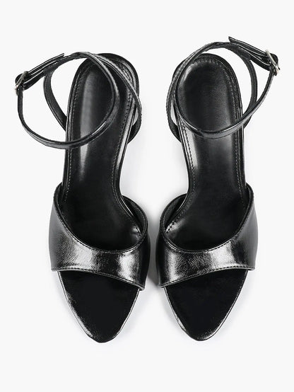Women's Metallic Gloss Opened Pointed Toe Ankle Strap Stiletto Sandals Avant-Garde Heel for Party Casual YISHIFAN