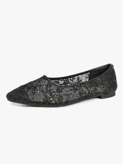 Wine Red Sequin Lace Mesh Pointed Toe Flats – Women's Floral Embroidery Ballet Flat with Iridescent Shimmer YISHIFAN