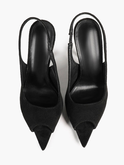 Women's Black Suede Pointed Peep Toe Stiletto Slingback Pumps Elastic Strap Office Shoes