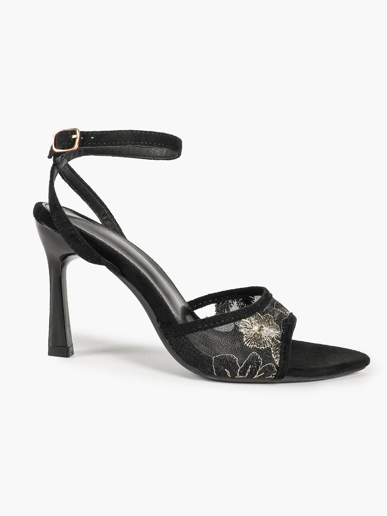 Cream Suede Trim Floral Sequin Strap Heels Ankle Buckle Pointed Open Toe Stilettos Chic Date Night Shoes