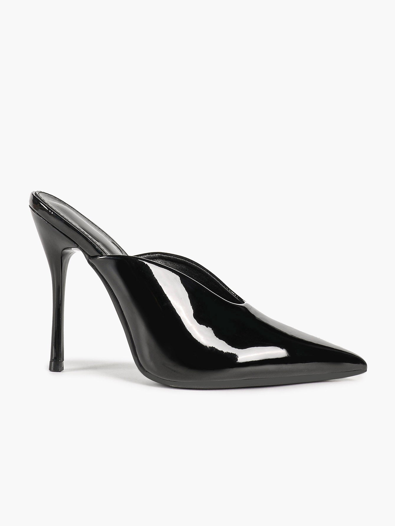 Trendy Black Patent Stiletto Mules - Pointed Toe Slip-On Heels for Modern Chic