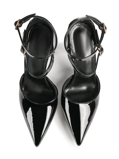 Women's Black Closed Pointed Toe Stiletto Double Ankle Strap Sculptural Heel for Party Formal Dress Shoes YISHIFAN