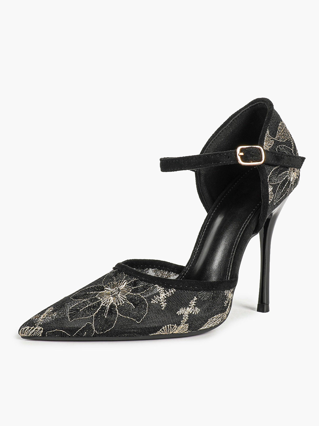 Sparkly Lace Pointed Toe Heels - 4.13" Ankle Strap Pumps with Non-Slip Sole