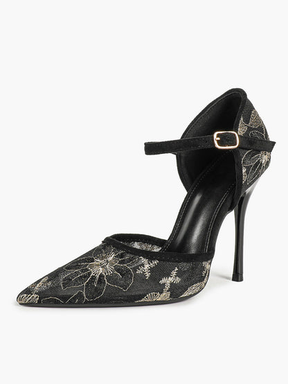 Sparkly Lace Pointed Toe Heels - 4.13" Ankle Strap Pumps with Non-Slip Sole