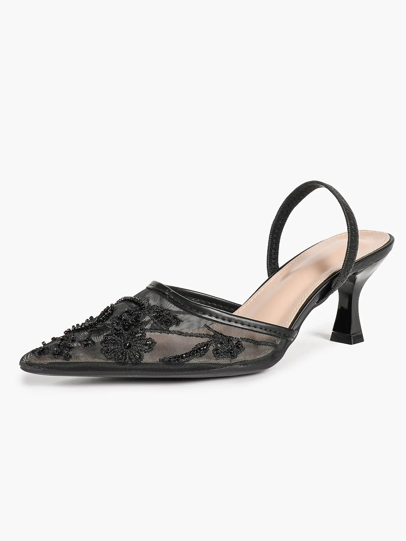 Black Mesh Floral Bead Embroidery Slingback Kitten Heels – Women's Pointed Toe Goblet Heel Mule YISHIFAN