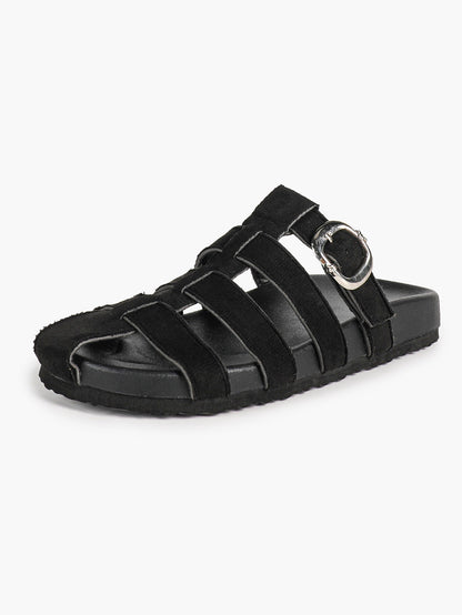 Camel Suede Woven Cage Slides with Silver-Tone Buckle Detail