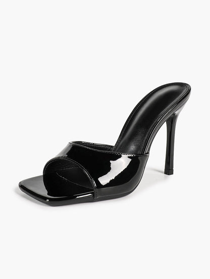 Women's White Patent Square Toe Stiletto Mules Slip-On Single Band Summer Vacation Shoes