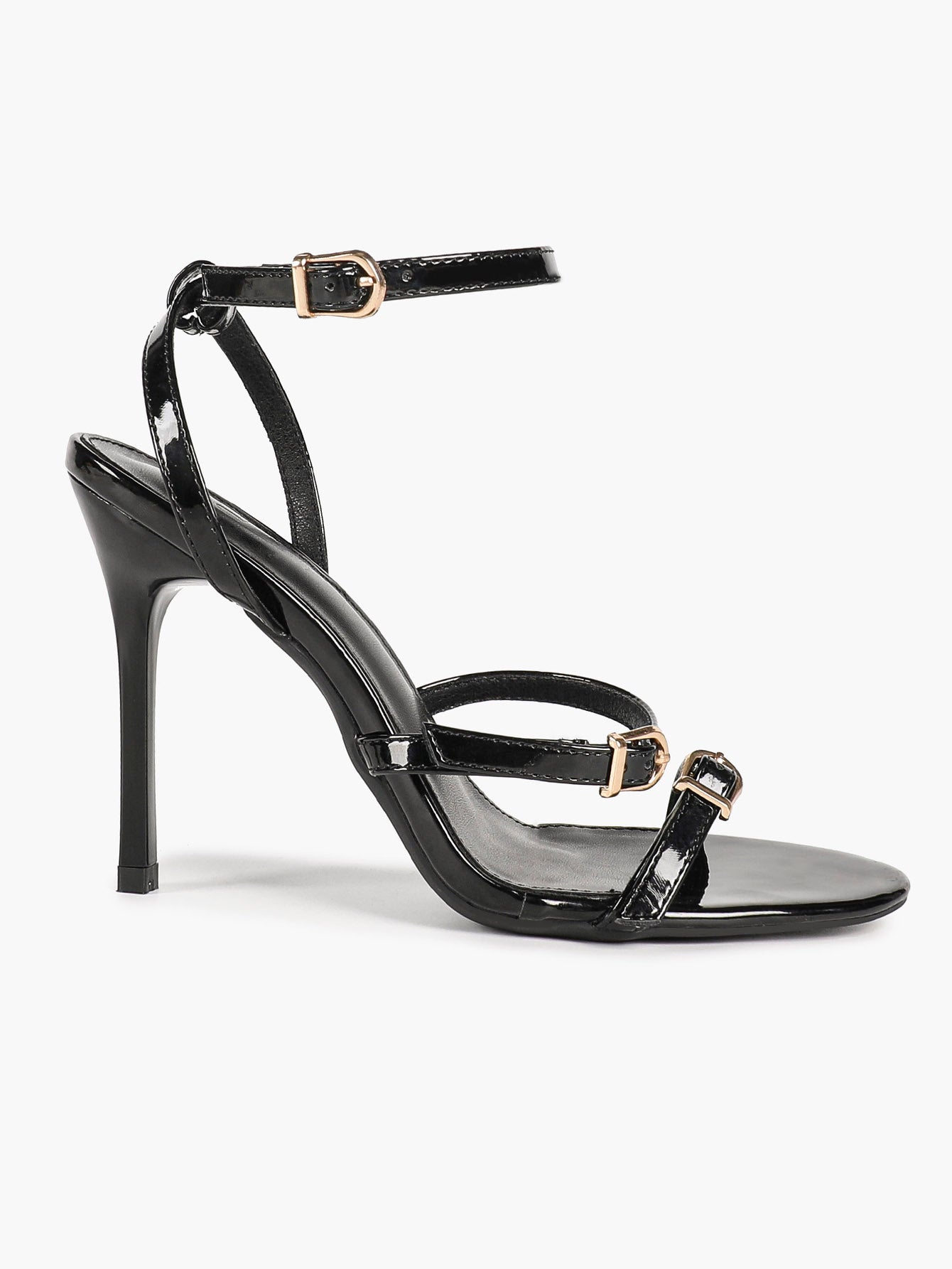 Black Patent Leather Open Toe Stiletto Sandals Ankle Strap with Double Buckles Tiered Heels Chic Daily Wear