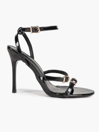 Black Patent Leather Open Toe Stiletto Sandals Ankle Strap with Double Buckles Tiered Heels Chic Daily Wear