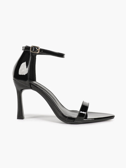 Black Patent Single Strap Stiletto Sandals Pointed Open Toe Ankle Buckle Heels Elegant Minimalist Shoes