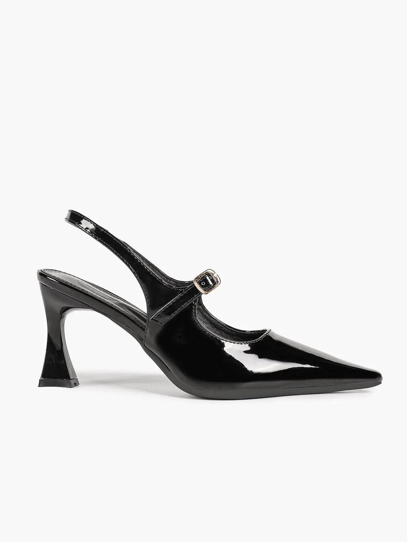 Black Slingback Pumps Patent Leather Pointed Toe Chunky High Heels Dress Shoes YISHIFAN