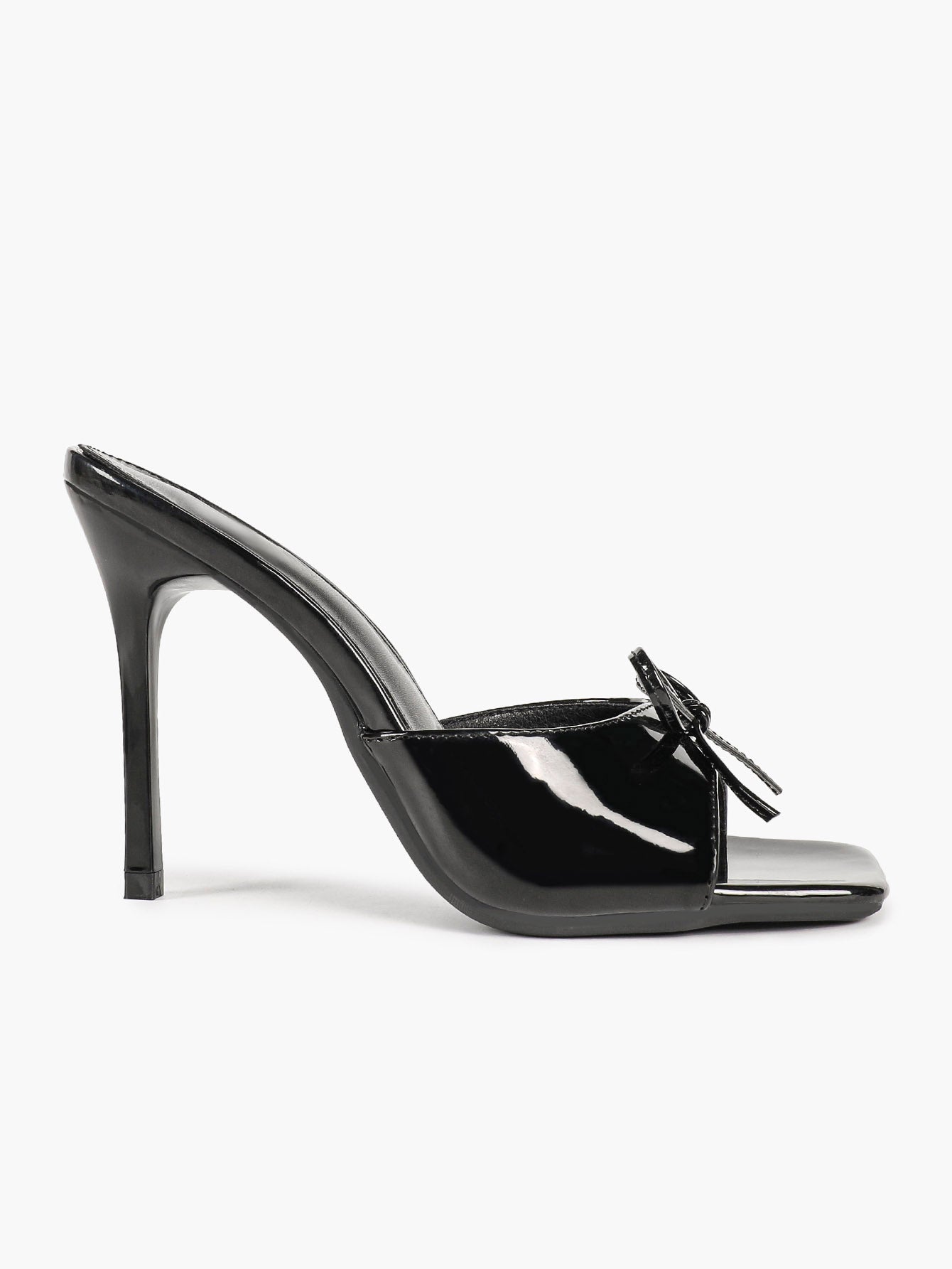 Black Patent Stiletto Mules - Square Toe with Cute Bow & Durable Sole