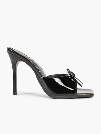 Black Patent Stiletto Mules - Square Toe with Cute Bow & Durable Sole