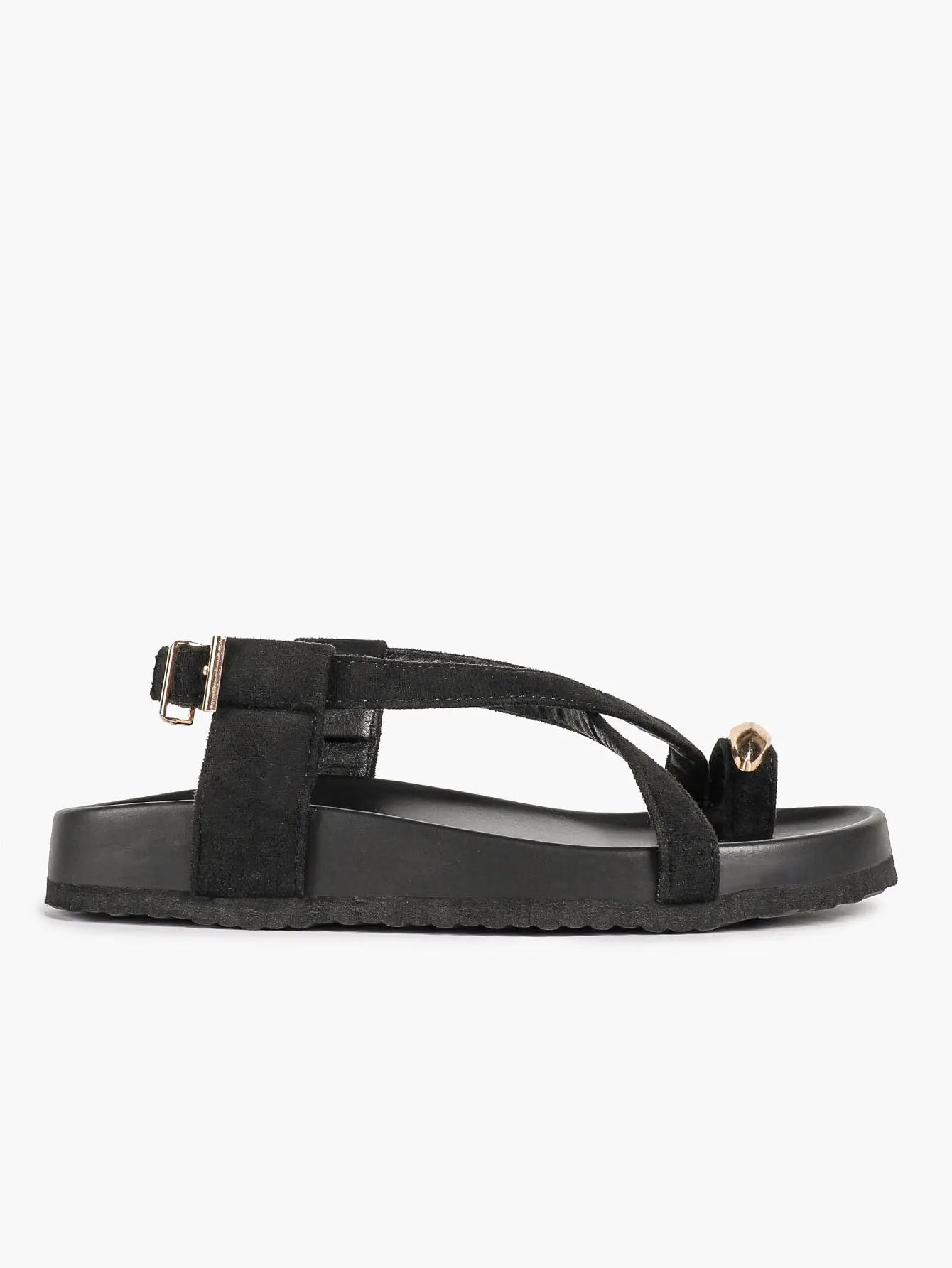 Women's Flat Platform Ankle Strap with Gold Hardware Black Crossover Toe Ring Sandals YISHIFAN