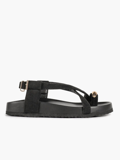 Women's Flat Platform Ankle Strap with Gold Hardware Black Crossover Toe Ring Sandals YISHIFAN