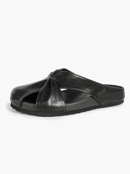 White Crossover Knot Slide Sandals – Women's Open Toe Flat Mule with Cushioned Footbed YISHIFAN