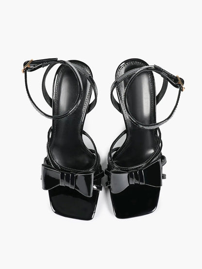 Women's Metallic Silver Open Toe Square Stiletto Sandals Galaxy Bowknot with Ankle Strap for Any Formal Scene YISHIFAN