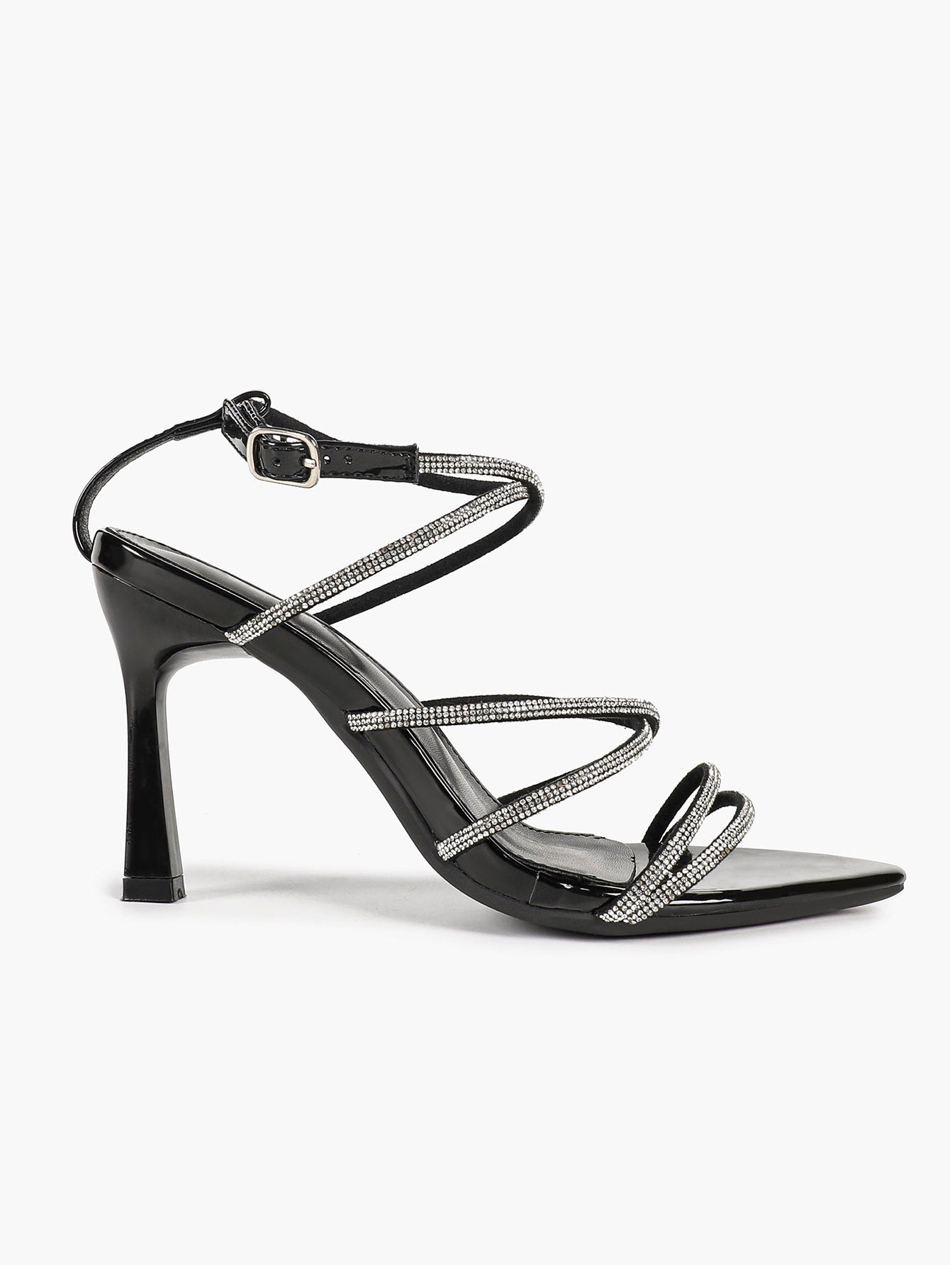 Black Patent Rhinestone Wraparound Strap Sandals Pointed Open Toe Stiletto Heels Night Out Party Shoes