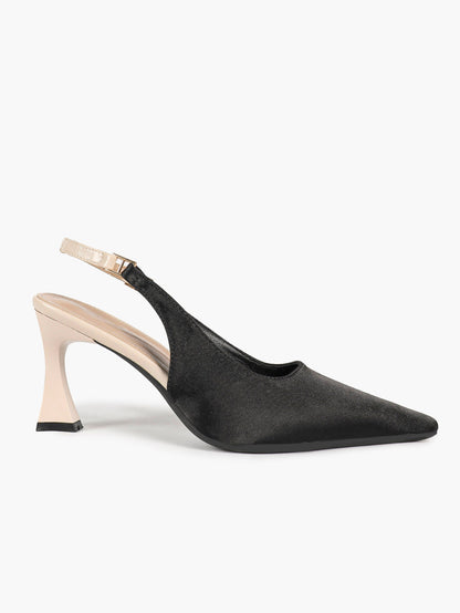 Black Satin Pointed Toe Slingback Pumps Beige Heel Contrast Strap Flared Heels Elegant Shoes