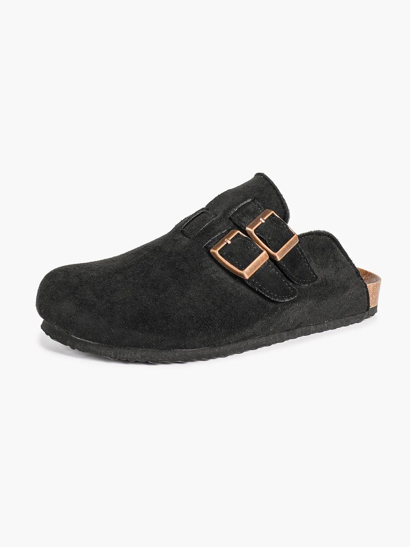 Gray Suede Double Buckle Boston Clogs  Closed Toe Cork Mule with Bronze Hardware YISHIFAN