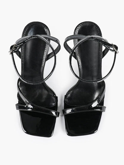 Women's Leather Adjustable Ankle Strap Stiletto Heels High Heels 4.13 Inch Heel Open Square Toe Sandals YISHIFAN